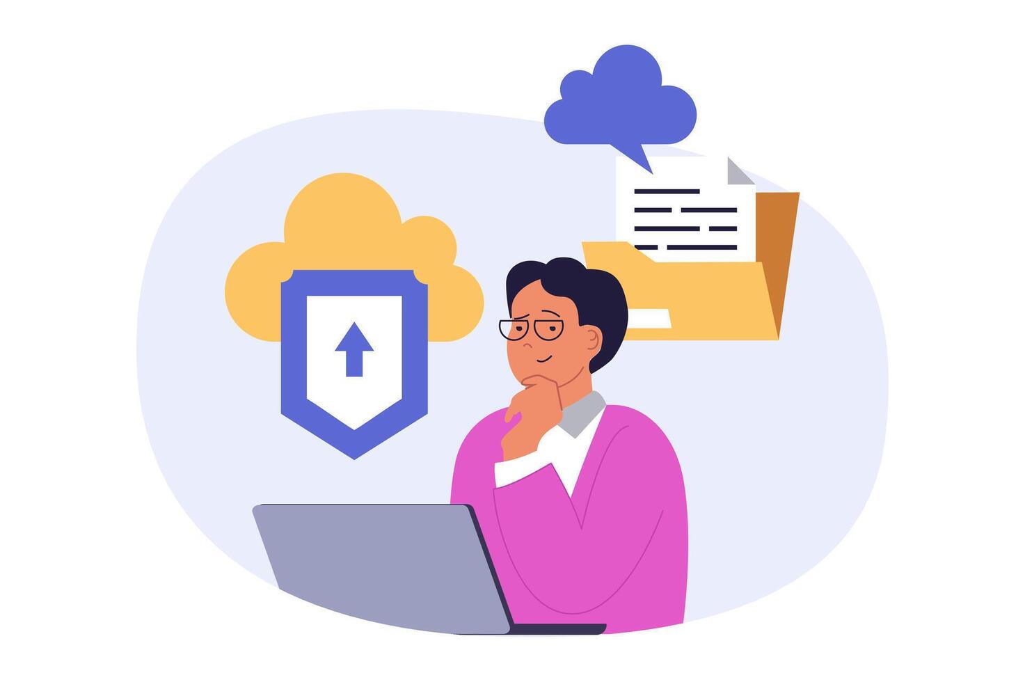 Cloud computing concept in modern flat design for web. Man downloading documents for storage in safety platform, using backup system infrastructure, processing data at laptop. illustration. vector