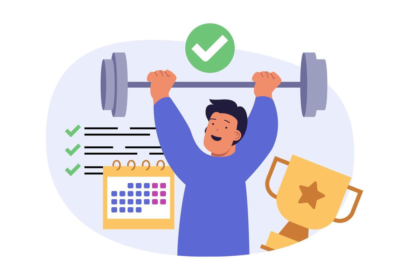 Education concept in modern flat design for web. Man planning sport activities with calendar, exercising with barbell, prepares for weightlifting championship for gets golden cup. illustration. vector