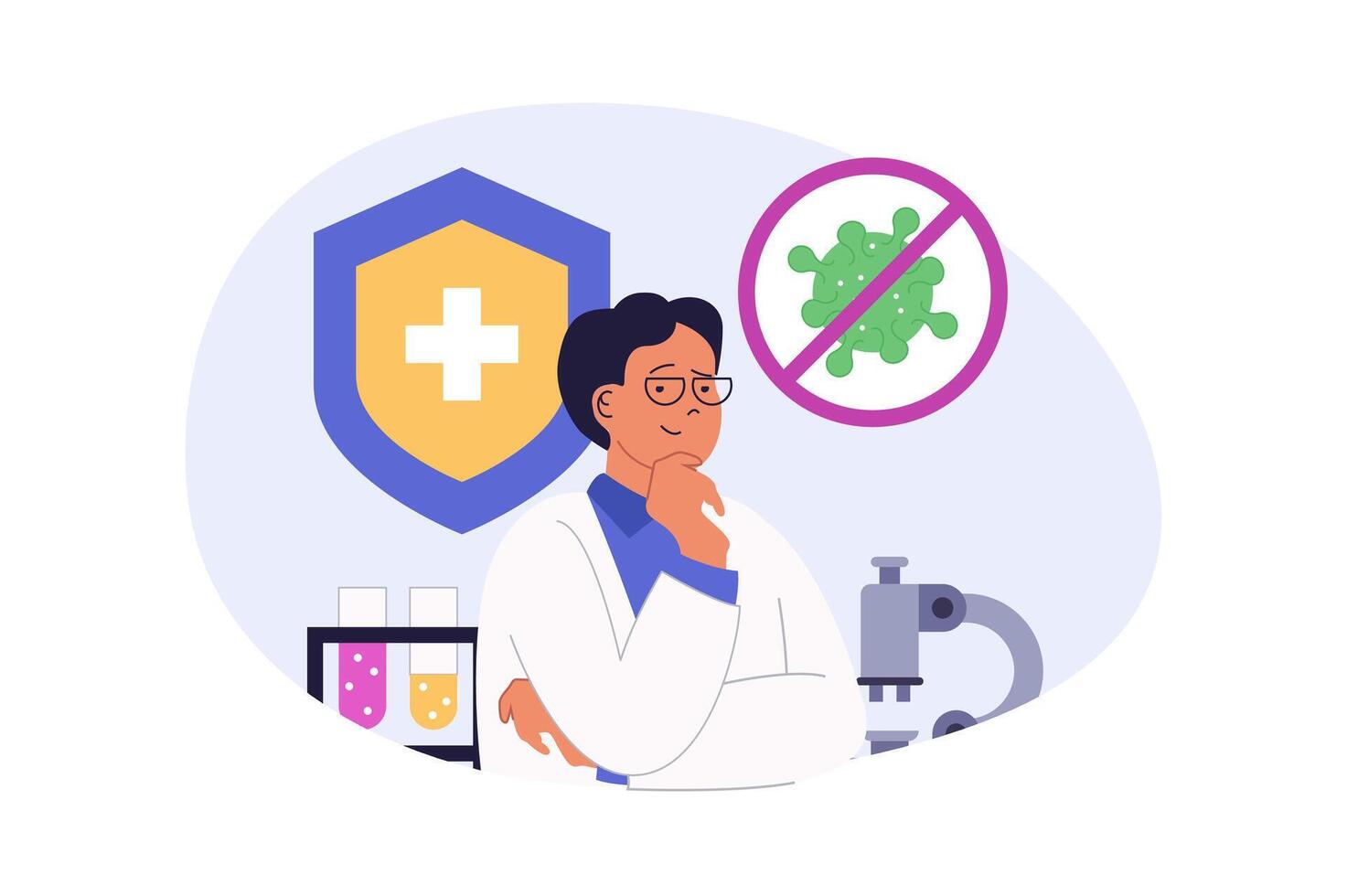 Medical concept in modern flat design for web. Man work in laboratory, making virus research with test tubes and microscope, creating medicines for pharmacy or clinic analysis. illustration. vector