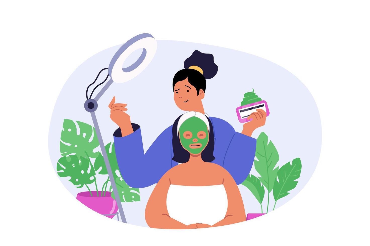 Beauty salon concept in modern flat design for web. Professional beautician doing skin care treatment with cream and applying facial mask to woman face in studio under lamp. illustration. vector