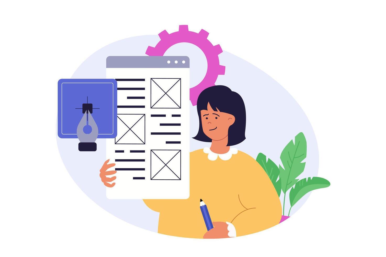 Design development concept in modern flat design for web. Woman building layout, placing content blocks in template, working with illustrator tools, creating graphics and fonts. illustration. vector