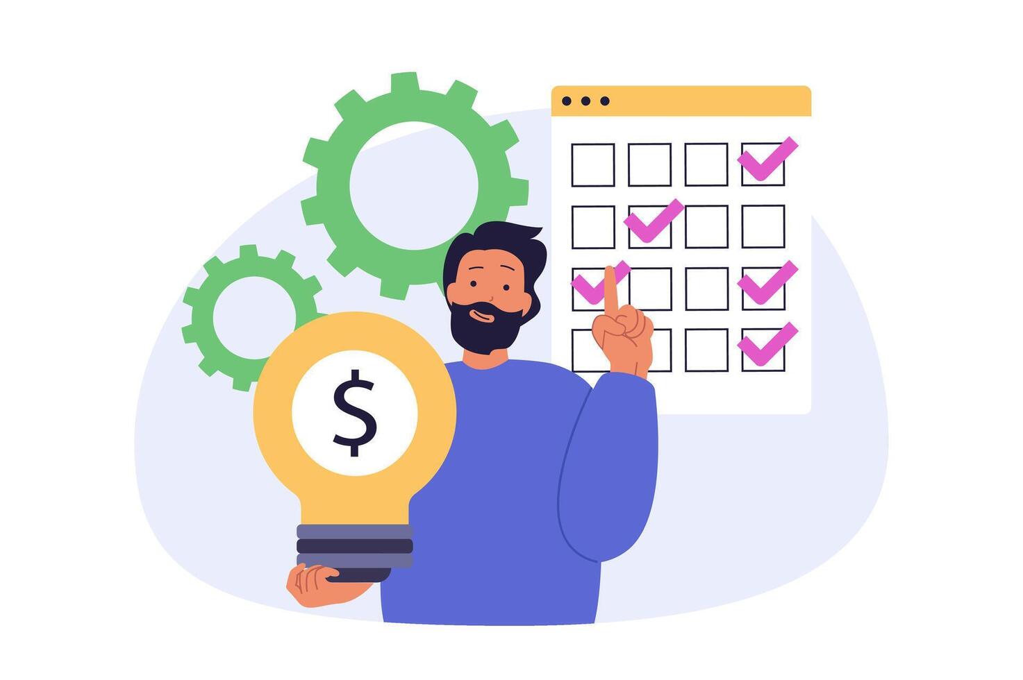 Digital business concept in modern flat design for web. Man creating content plan in calendar, analyzing and improving strategy, using marketing tools for developing company. illustration. vector