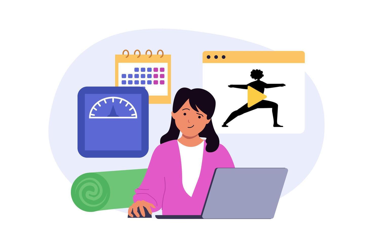 Education concept in modern flat design for web. Woman planning sport activities with calendar, exercising with yoga lessons, training and doing workout for weight loss. illustration. vector