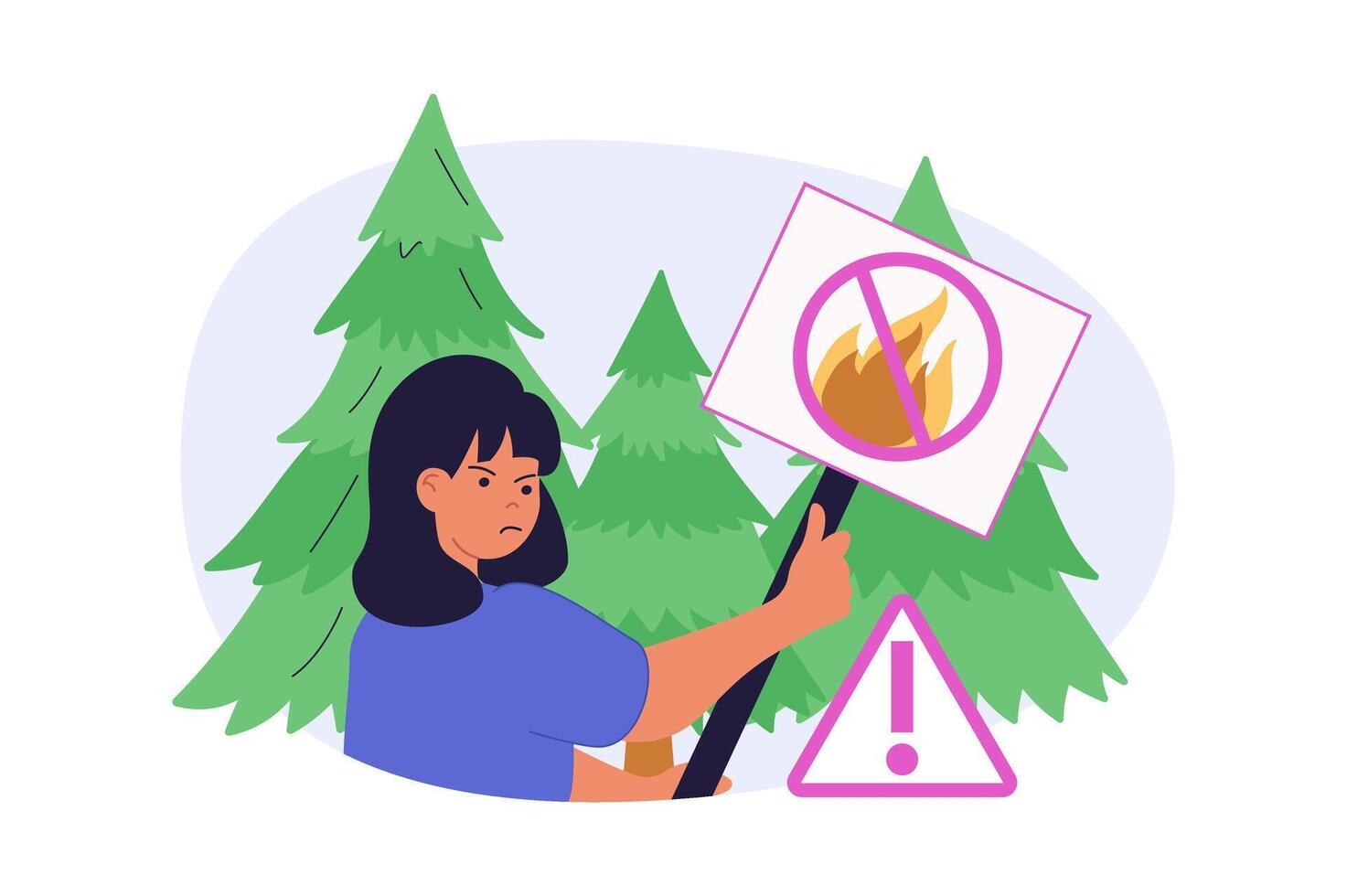 Ecology concept in modern flat design for web. Woman fights wildfires, trying save wood ecosystem with warning banner with Stop forest fire sign. Eco friendly and sustainability. illustration. vector