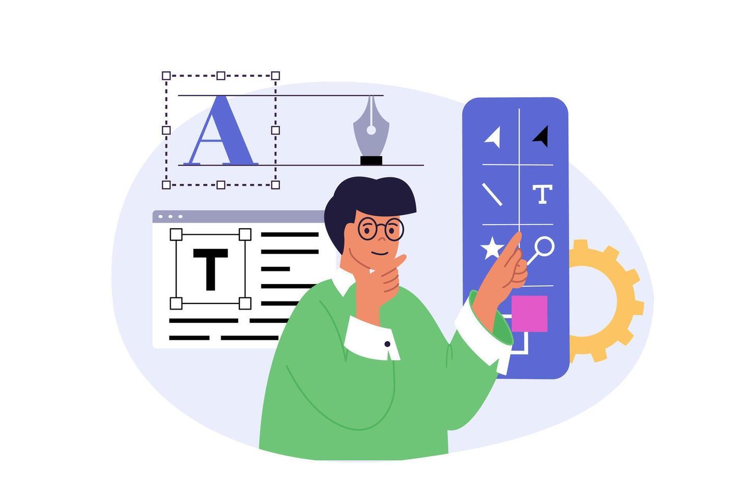 Design development concept in modern flat design for web. Man brainstorming, working with illustrator tools, creating graphic elements and fonts, makes settings, building layout. illustration. vector