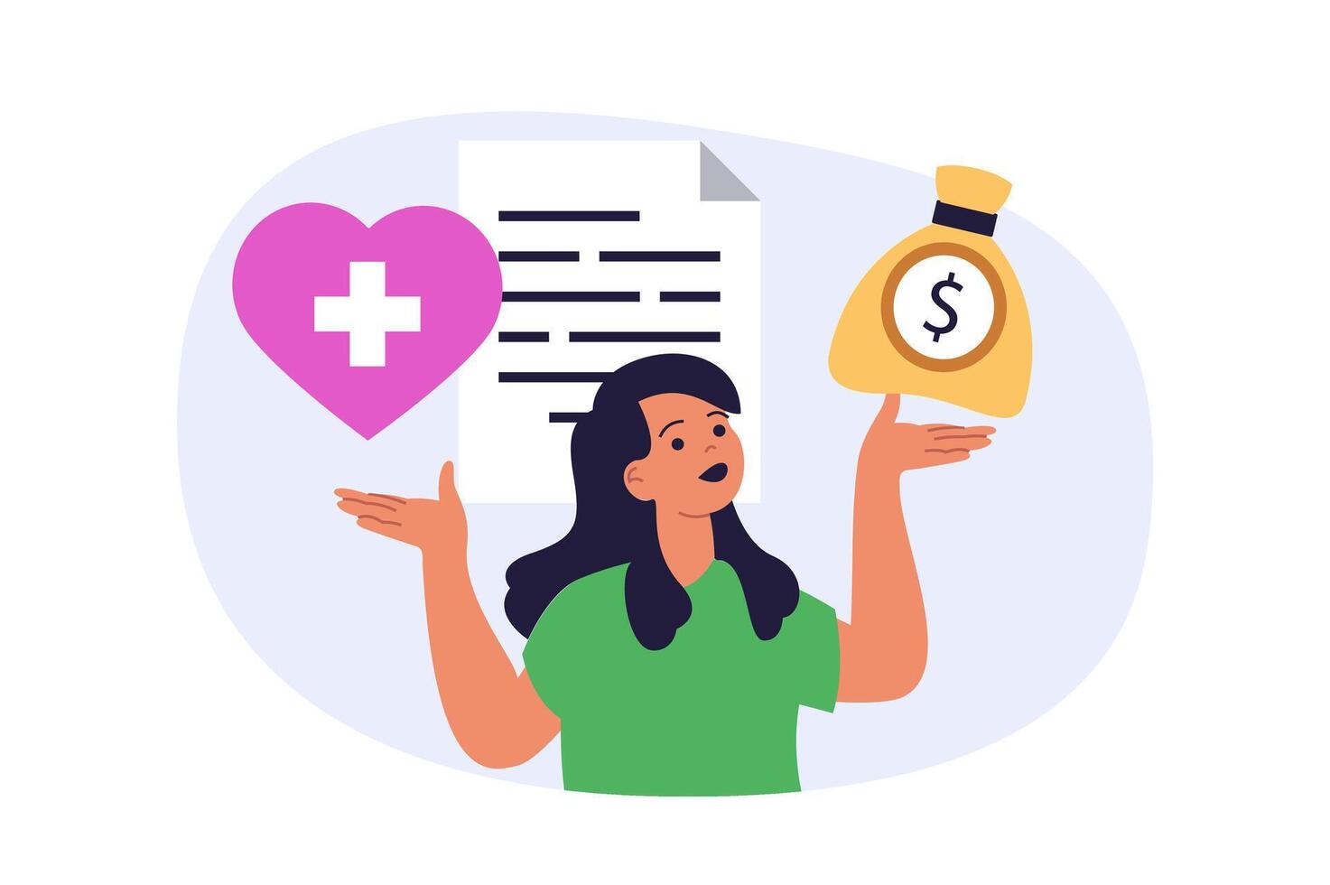 Insurance concept in modern flat design for web. Woman concludes agreement documents of healthcare policy and financial savings plan for emergency, using assurance services. illustration. vector