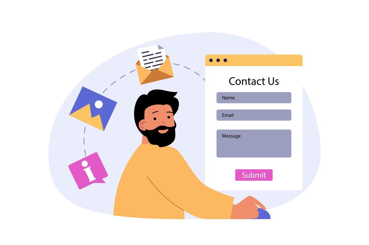 Contact us concept in modern flat design for web. Man has problem and questions, filling online form and sending email letter to support center for finding solution and help. illustration. vector