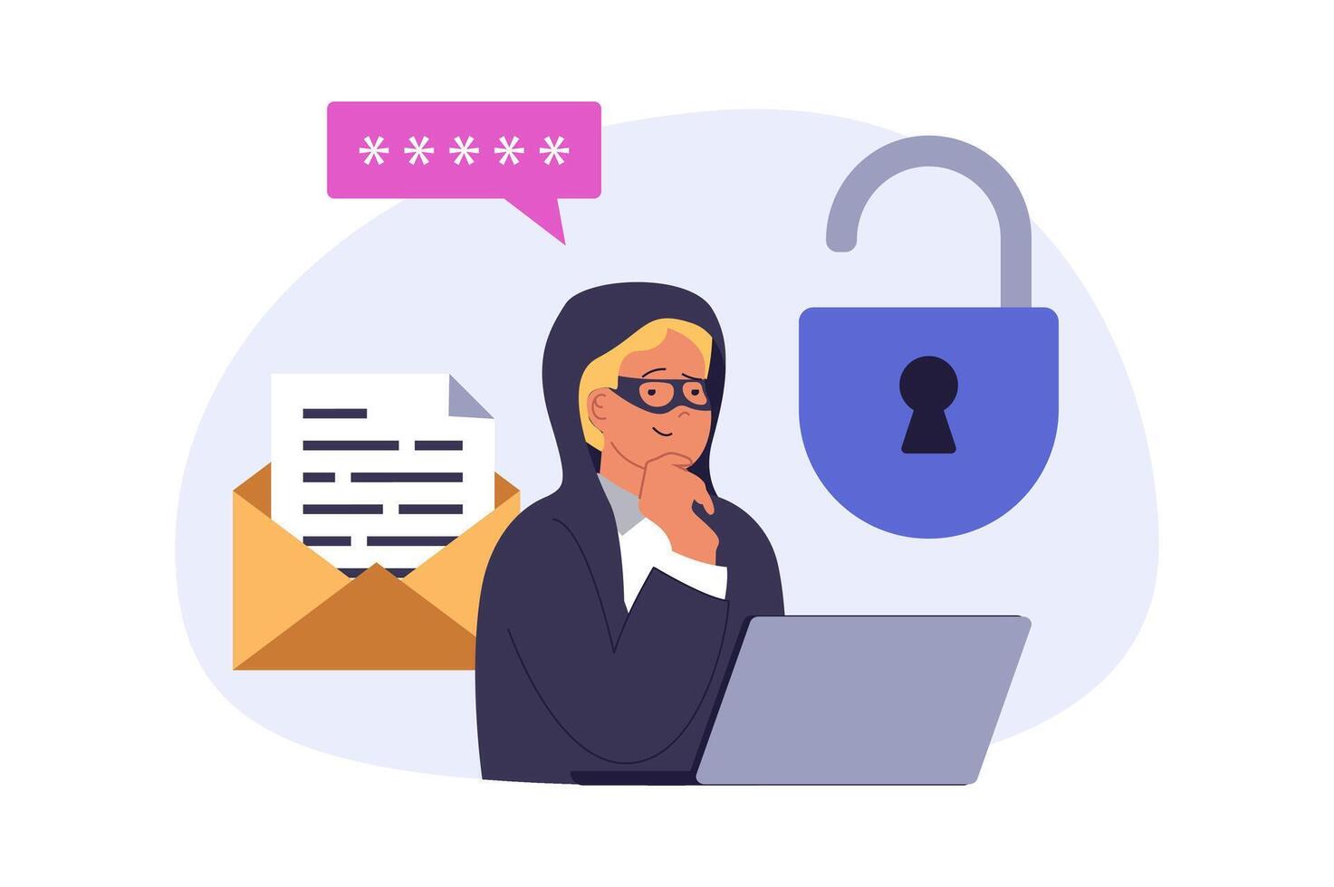 Cyber security concept in modern flat design for web. Hacker trying unlocking password and getting access to private information, making virus attacks to servers or accounts. illustration. vector