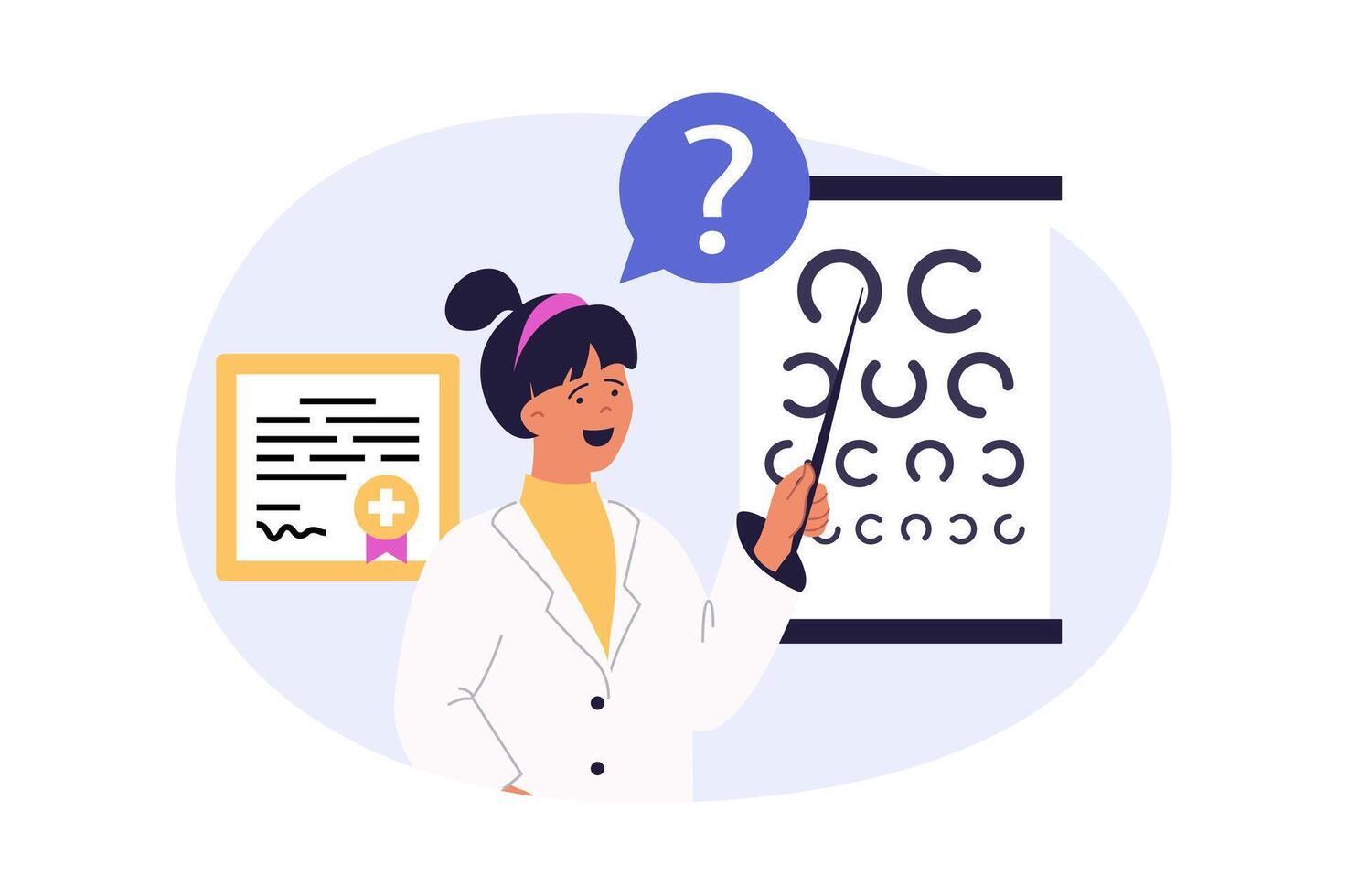 Medical concept in modern flat design for web. Woman work as ophthalmologist, examining eyes health and vision with tests, makes diagnosis, prescribes treatment and optometry. illustration. vector