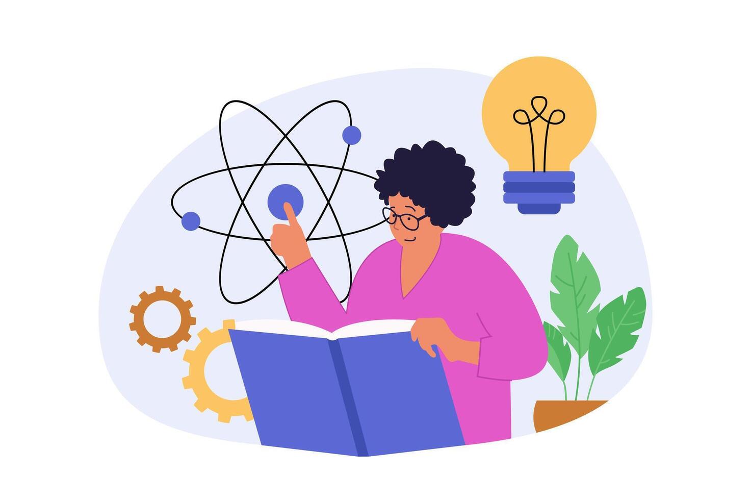 Education concept in modern flat design for web. Woman work as teacher, explaining physics at lesson in school. Student reading books and learning sciences, getting knowledges. illustration. vector