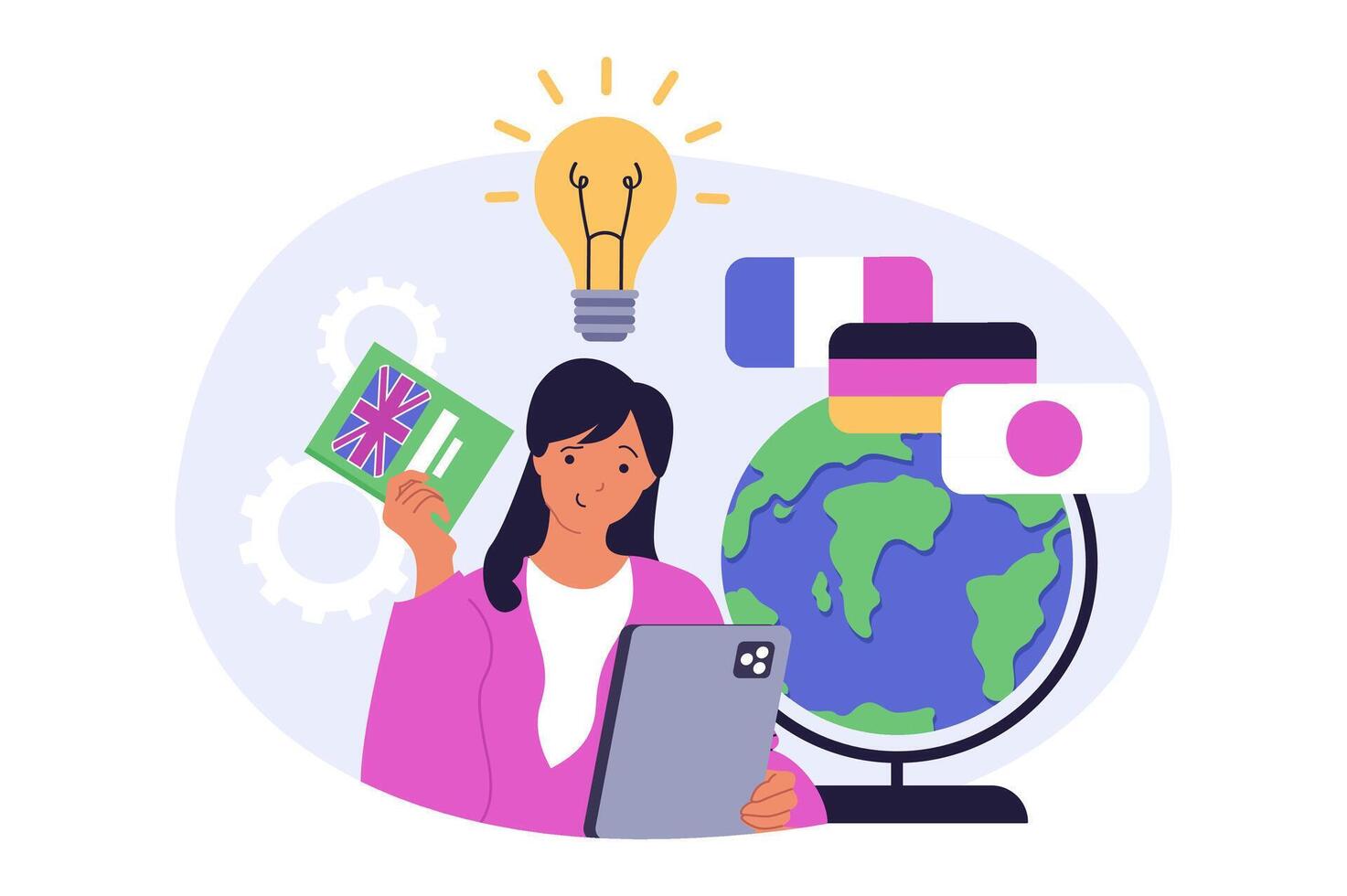 Education concept in modern flat design for web. Woman learning english, japan, german and french languages at online courses and getting new cognition with global trainings. illustration. vector
