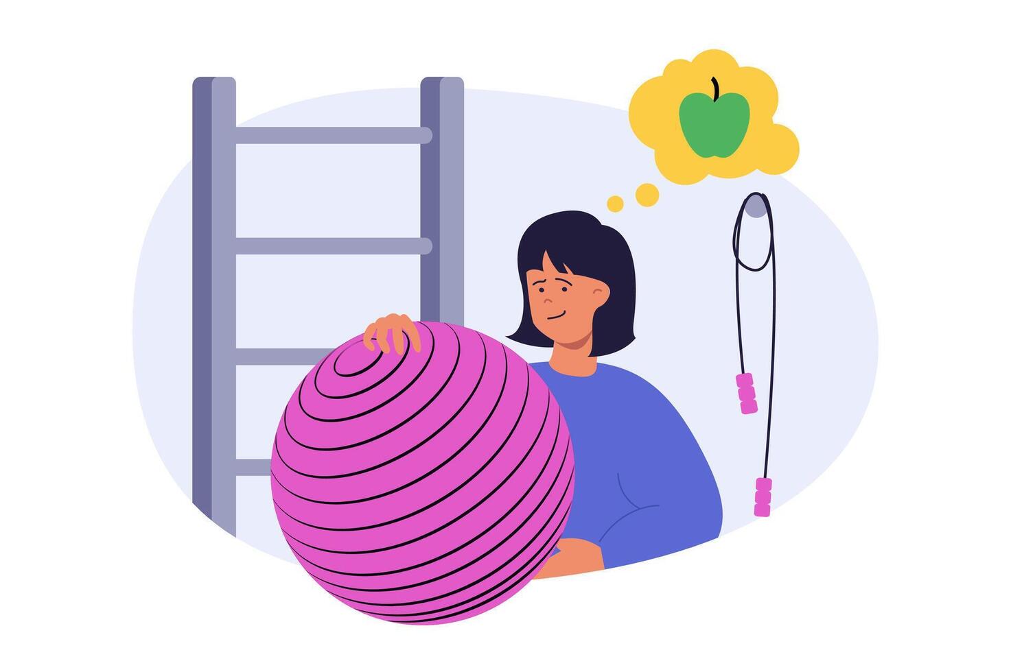 Education concept in modern flat design for web. Woman exercising with fitness ball and jumping rope in gym, training heart and doing cardio workout, dieting for body health. illustration. vector