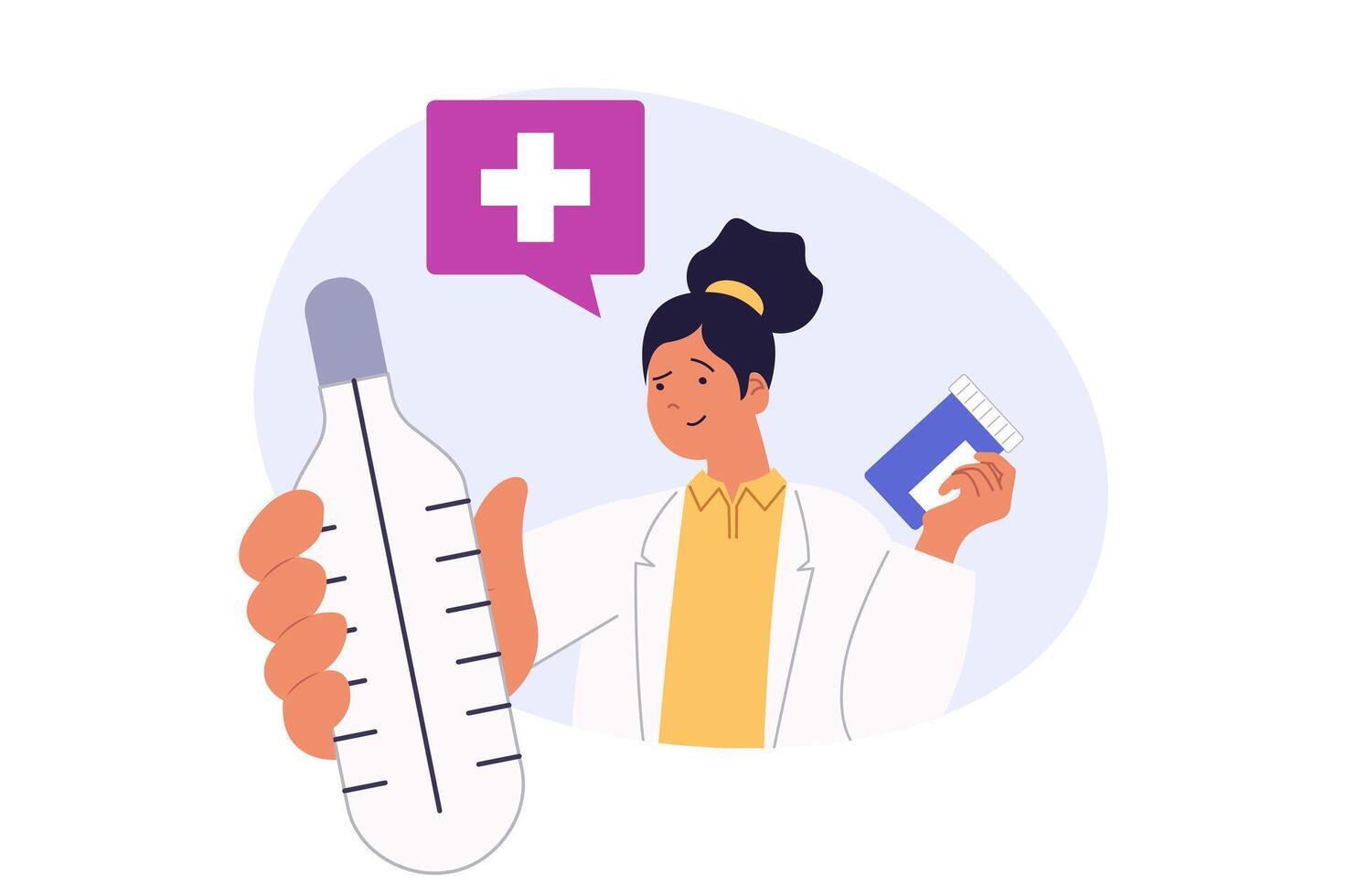 Medical concept in modern flat design for web. Woman work in hospital, making flu diagnosis by symptoms, measuring fever with thermometer and prescribes treatment with pills. illustration. vector