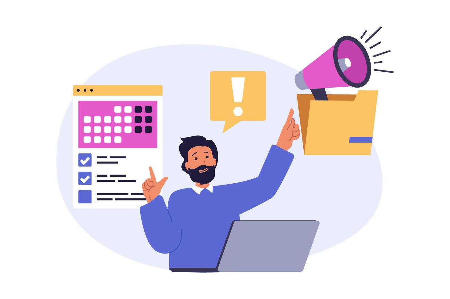 Marketing and development concept in modern flat design for web. Man with megaphone making advertising, creating content plan for online promotion, analyzing project statistic. illustration. vector