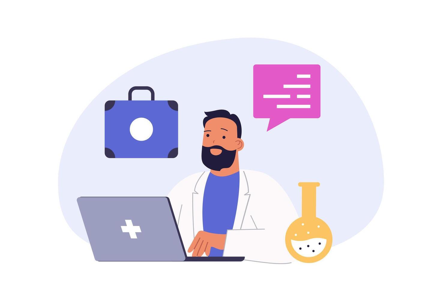 Medical concept in modern flat design for web. Doctor consulting online at laptop, making illness diagnosis and prescribes therapy, talking with patients via call at clinic. illustration. vector
