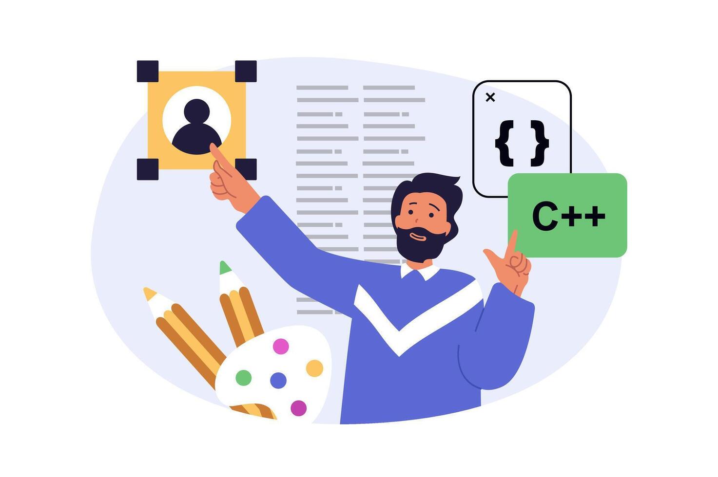 Design development concept in modern flat design for web. Man creating homepage template, coding and programming, placing text and content, brainstorming and finding improvement. illustration. vector