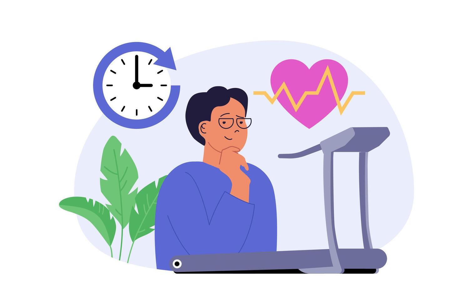 Education concept in modern flat design for web. Man exercising at treadmill in gym, training heart and doing cardio workout, running with timer for body activity and health. illustration. vector
