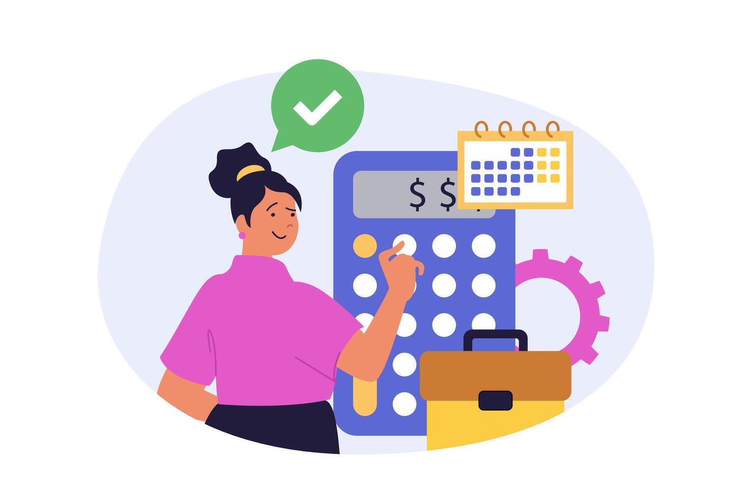 Business and finance concept in modern flat design for web. Businesswoman calculating budget balance, finding financial investments for project in bank, searching partnership. illustration. vector