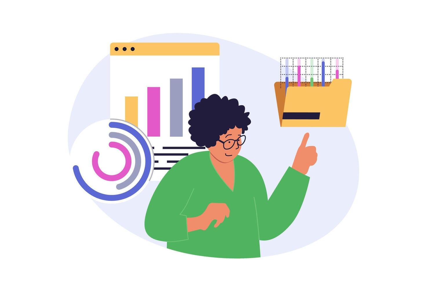 Digital business concept in modern flat design for web. Woman work as analyst and makes financial growth graph research, promoting online shopping store with success strategy. illustration. vector