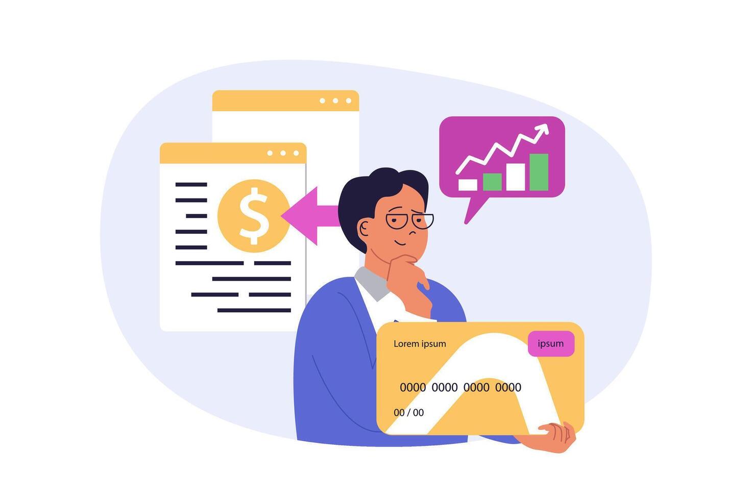 Digital business concept in modern flat design for web. Man analyzing financial growth graph, attracting new customers with credit card payments and promoting online company. illustration. vector