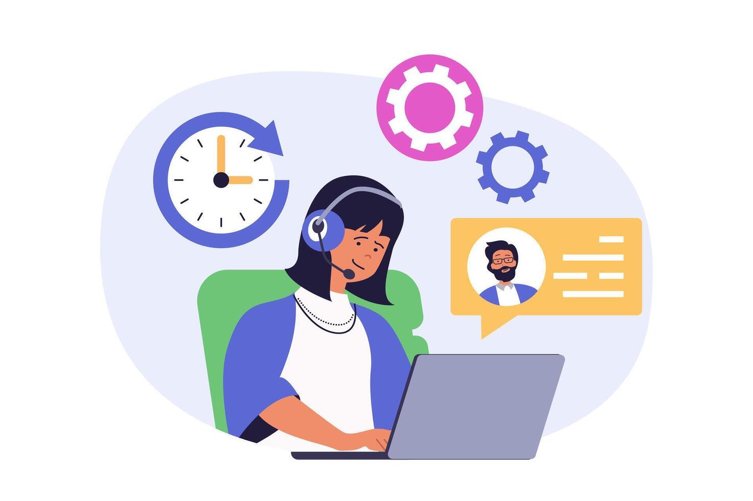 Contact us concept in modern flat design for web. Woman in headset working in technical support, answering 24 hours to clients message or question, chatting and finding solutions. illustration. vector