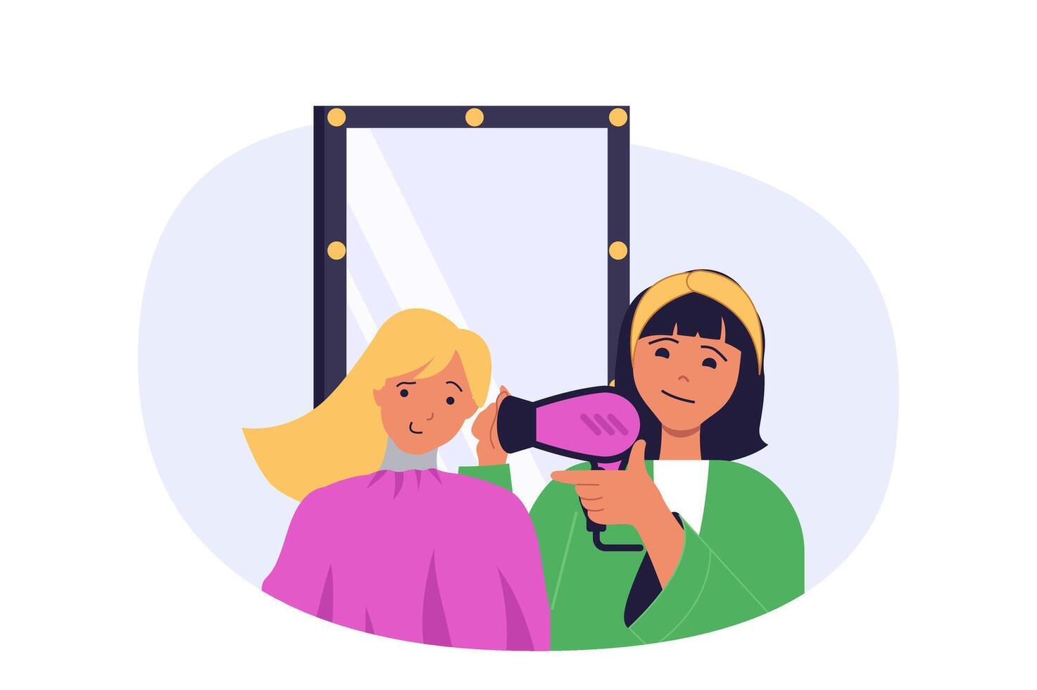 Beauty salon concept in modern flat design for web. Professional hairdresser with dryer blowing to woman hair and making coiffure after haircut procedure in studio by mirror. illustration. vector