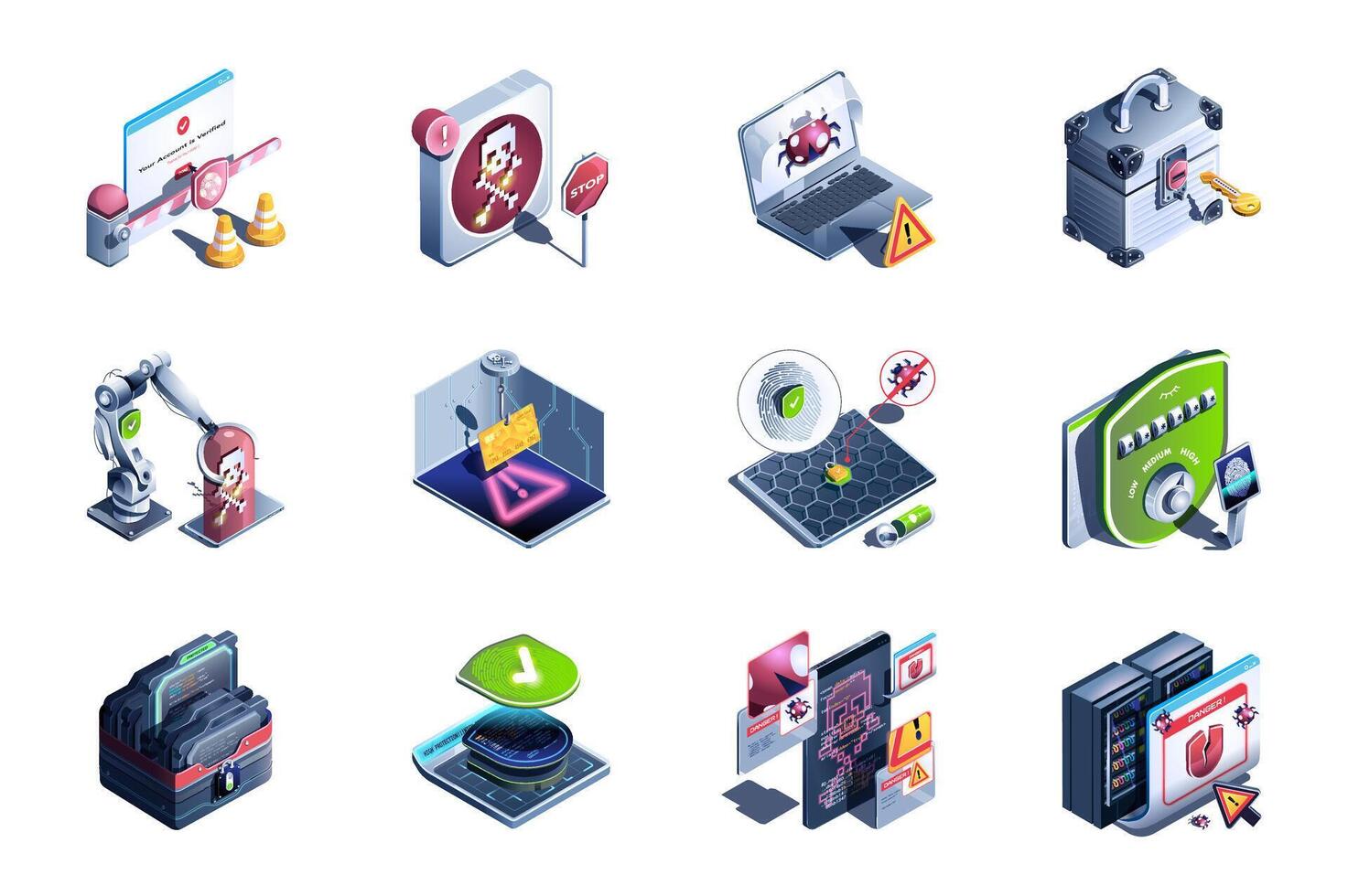 Cyber security web concept of 3d isometric icons set in isometry design. Firewall shield, stop bugs and viruses, access with key, warning danger, computer technology, other. illustration. vector