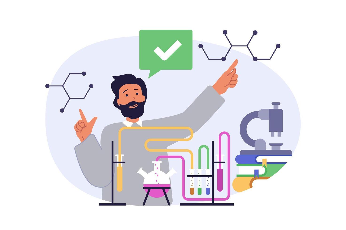 Science laboratory concept in modern flat design for web. Man doing chemical research at test tubes, studying moleculas and refinery process at lab equipment and microscope. illustration. vector