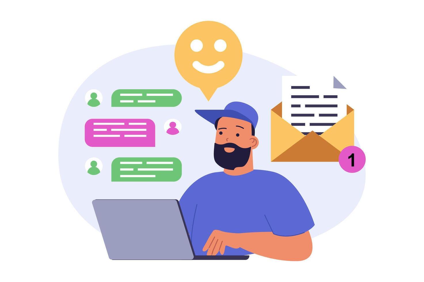 Social network concept in modern flat design for web. Man connecting online with global friends, chatting and leaving comments and reactions at forums, sending emails by laptop. illustration. vector