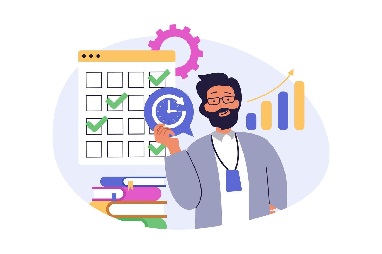 Time management concept in modern flat design for web. Man planning job, setting with tasks in calendar, organizing productivity workflow with deadlines, using work timeline. illustration. vector