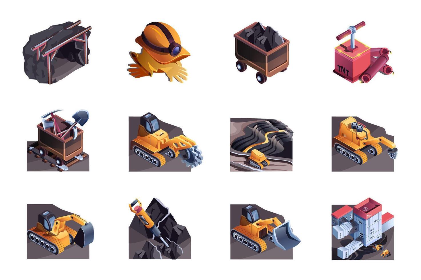 Minery mine web concept of 3d isometric icons set in isometry design. Coal industry equipment, tunnel, helmet, railway cart, shovel, pickaxe, excavator, mining machinery, other. illustration. vector