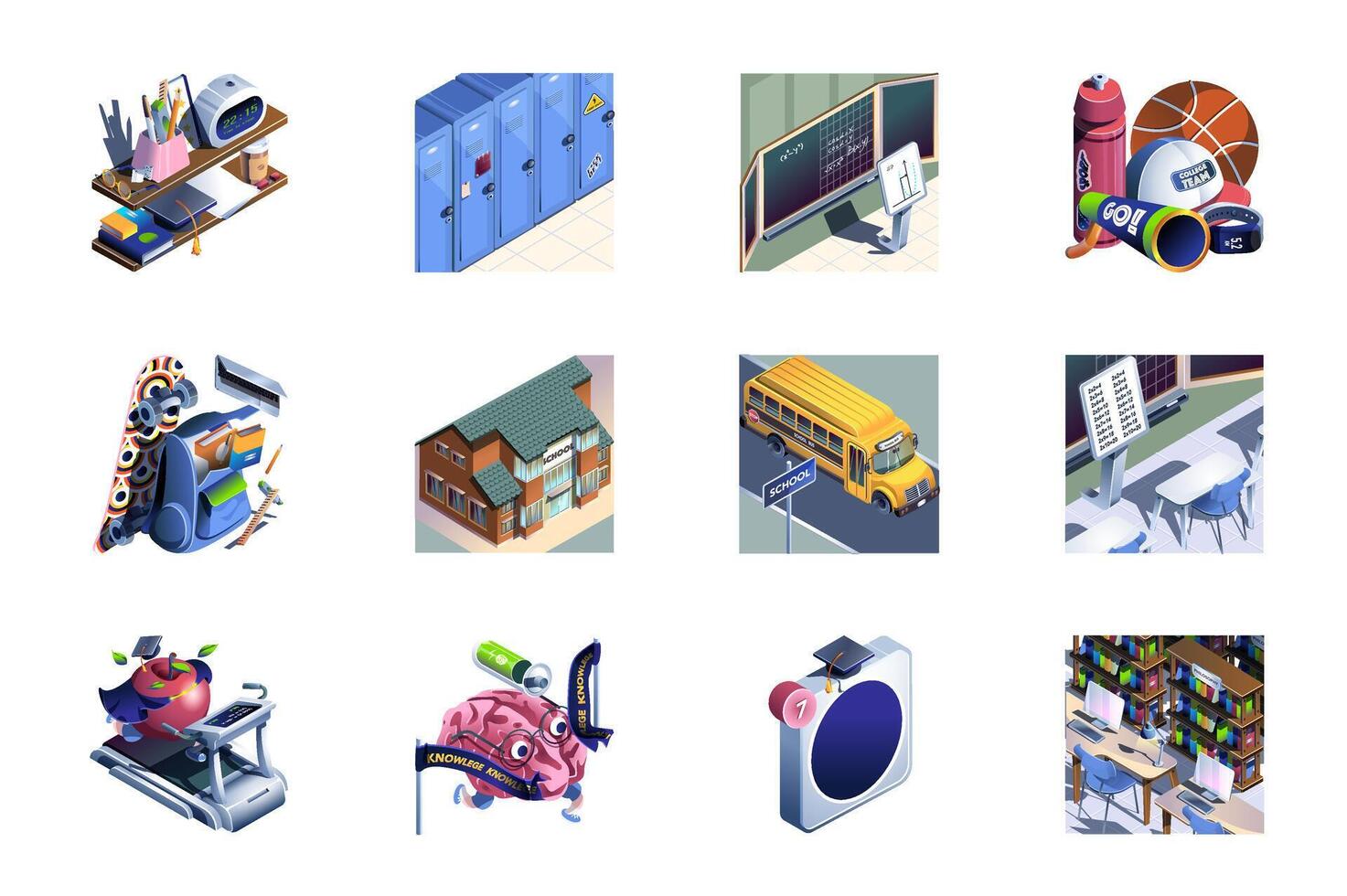 School web concept of 3d isometric icons set in isometry design. Stationery, lockers, blackboard, sport ball, schoolbag, building, yellow bus, desk in class, education, other. illustration. vector