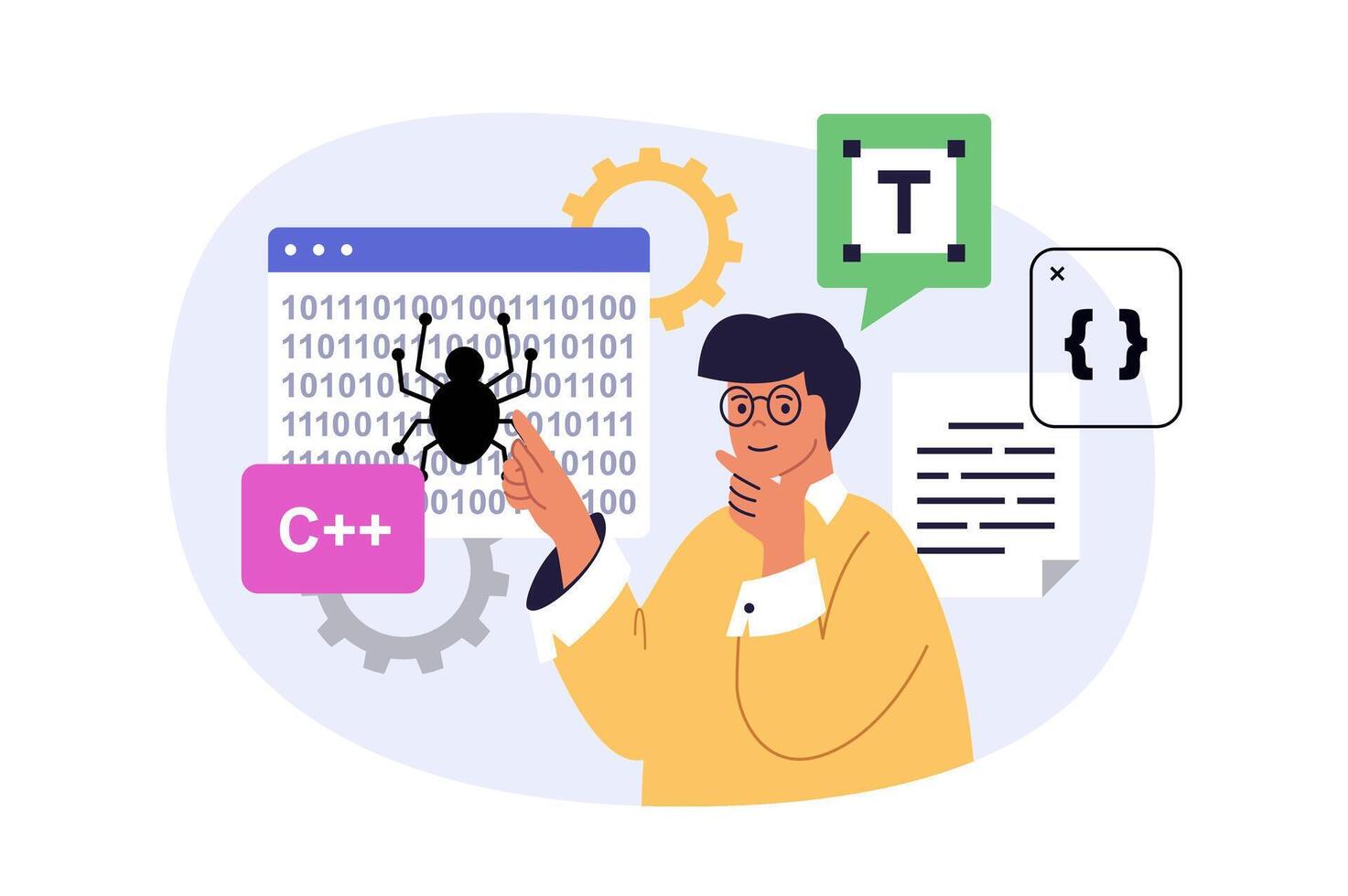 Programming concept in modern flat design for web. Man coding and working at software development, making improvements and optimization, fixing bugs and solving code problems. illustration. vector
