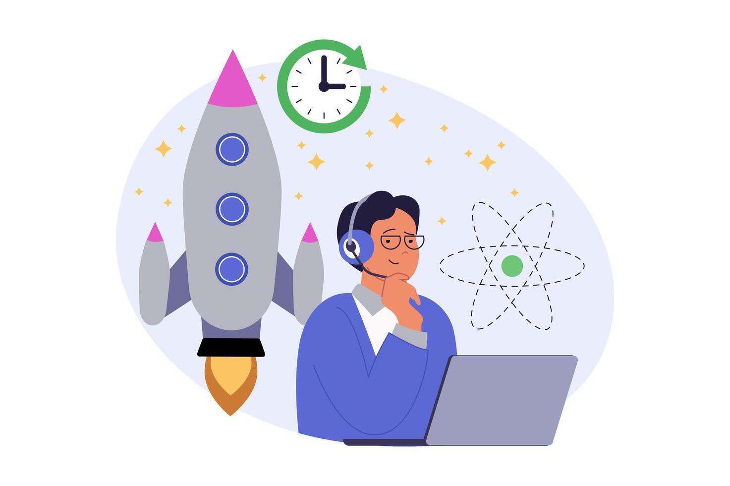Science laboratory concept in modern flat design for web. Man works as technician at lab by laptop, monitoring astronomy spacecrafts and shuttles exploration and cosmos stations. illustration. vector
