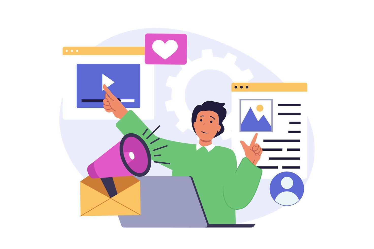 Social media concept in modern flat design for web. Man posting new photos and videos, promoting his blog with marketing tools, attracting new followers, sharing information. illustration. vector