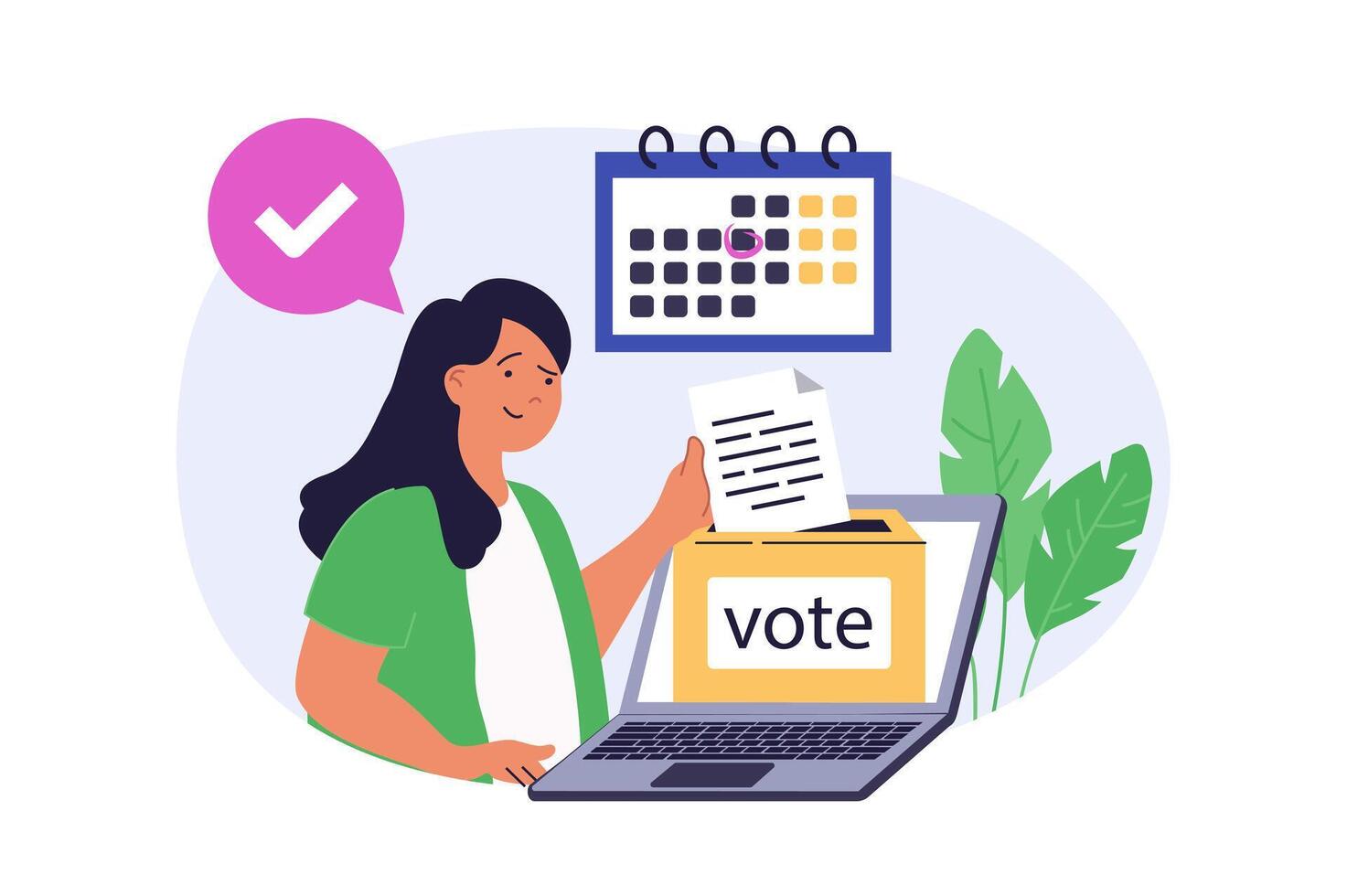 Online voting concept in modern flat design for web. Woman putting blank in ballot box in digital form by laptop, making her political decision in democratic survey in date. illustration. vector