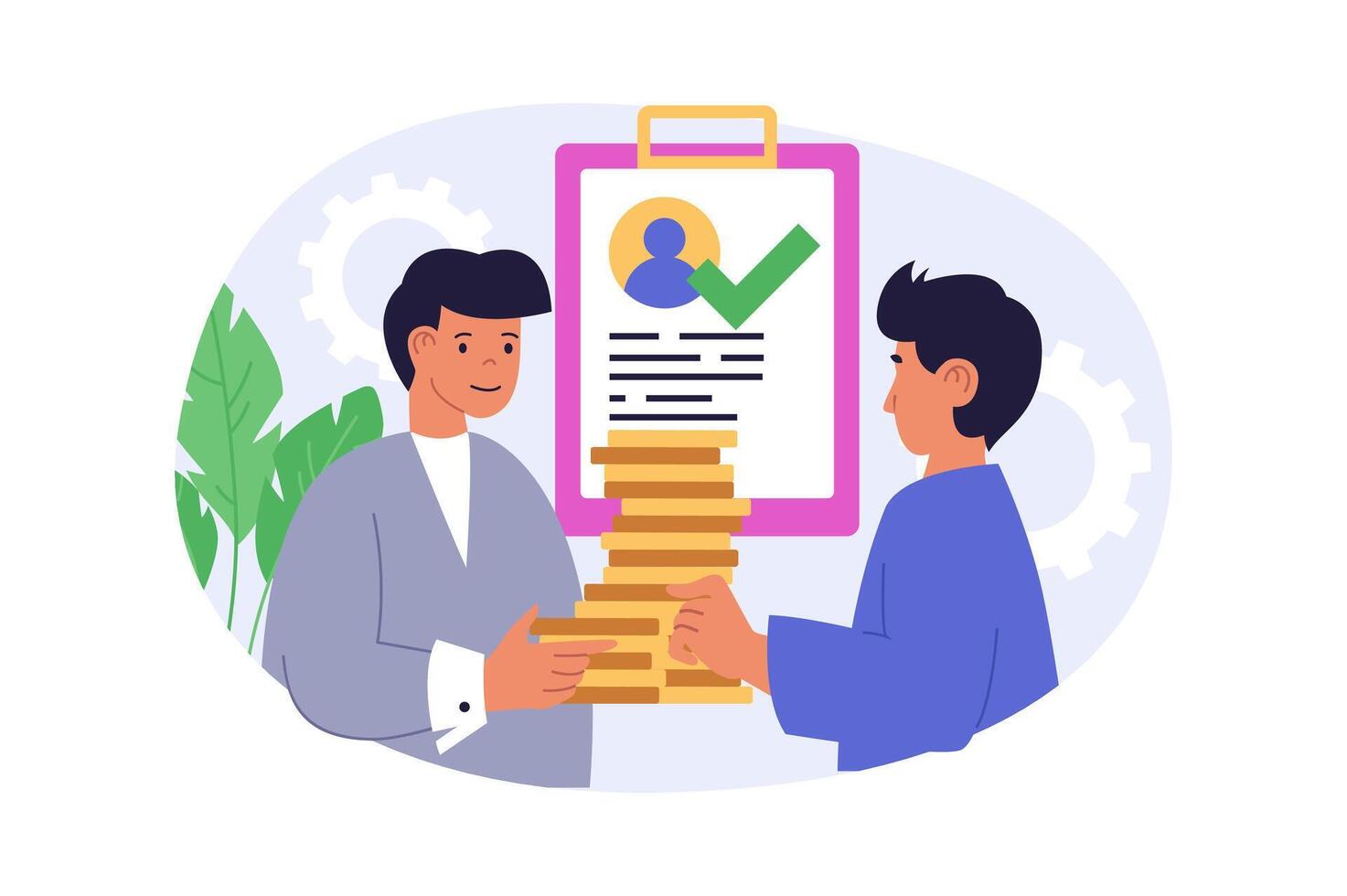 Recruitment concept in modern flat design for web. Man finding best candidate in office staff, concluding job agreement by interview meeting, hiring specialist at vacancy in team. illustration. vector