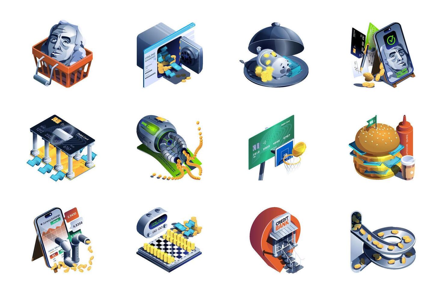 Banking system web concept of 3d isometric icons set in isometry design. Shopping, money savings, credit card, finance account, electronic paying, cash back and bonus, other. illustration. vector