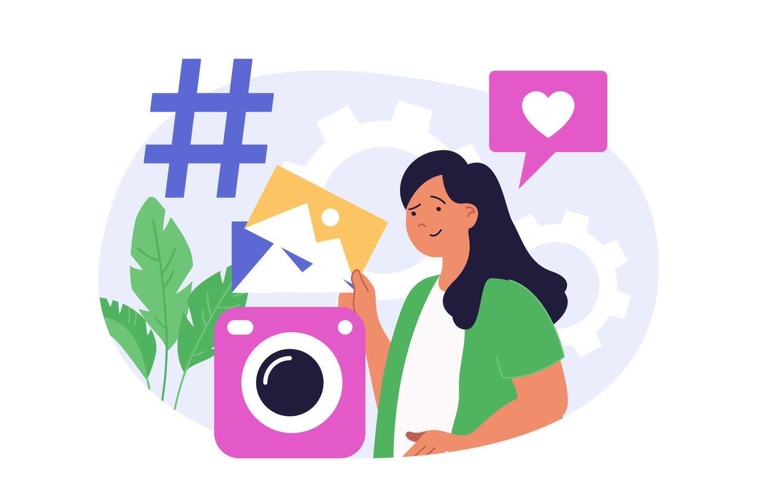 Social network concept in modern flat design for web. Woman sharing new posts with photos, using hashtags for online promotion, collecting likes and hearts from following friends. illustration. vector