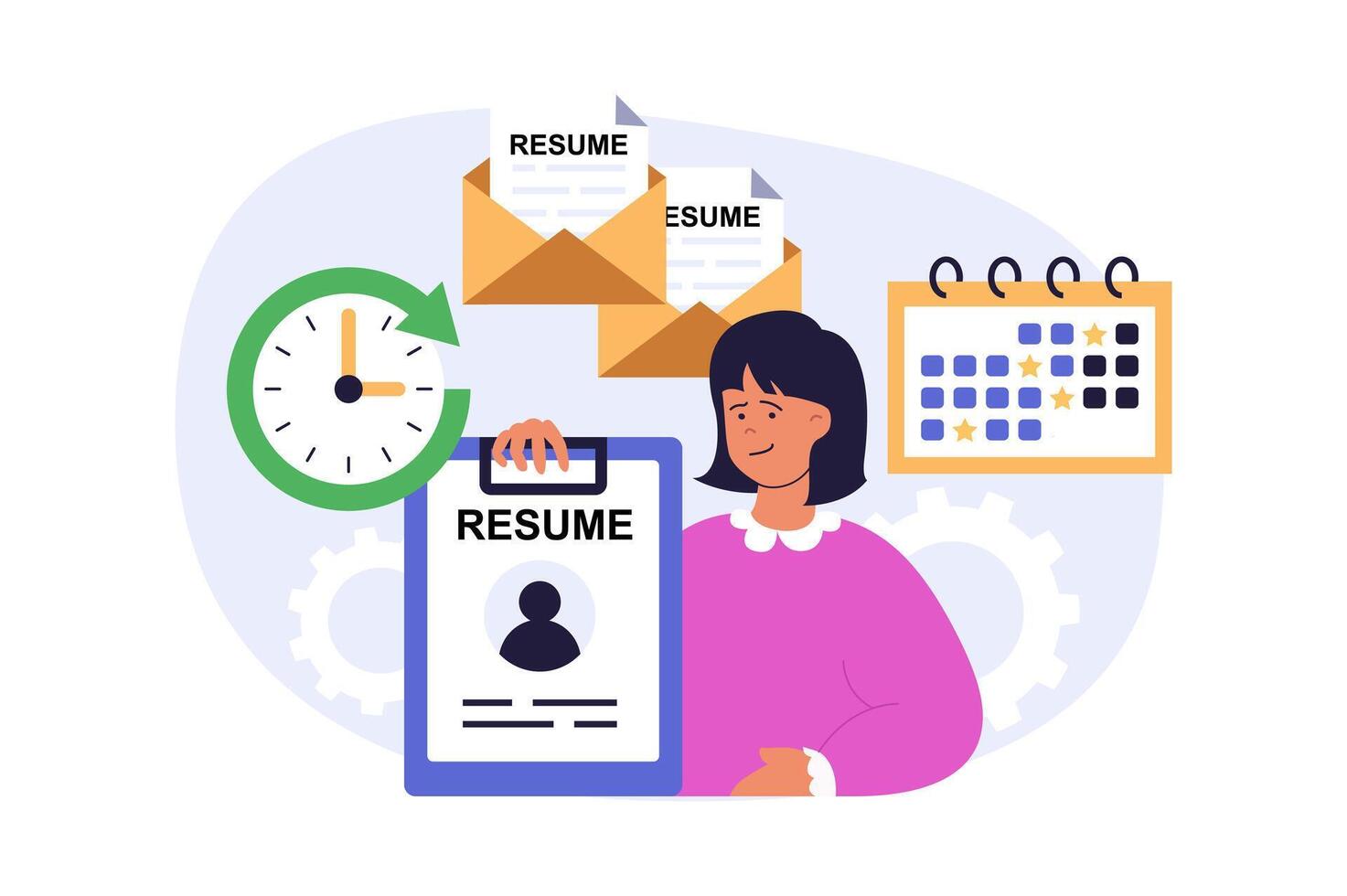 Recruitment concept in modern flat design for web. Woman finding job, sending online resume to vacancies, planning interview meetings in calendar, searching best work in company. illustration. vector