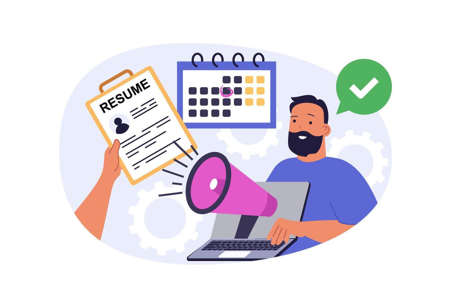 Recruitment concept in modern flat design for web. Man with loudspeaker searching best candidate resumes, looking cv and approving applicants for job interview in company team. illustration. vector