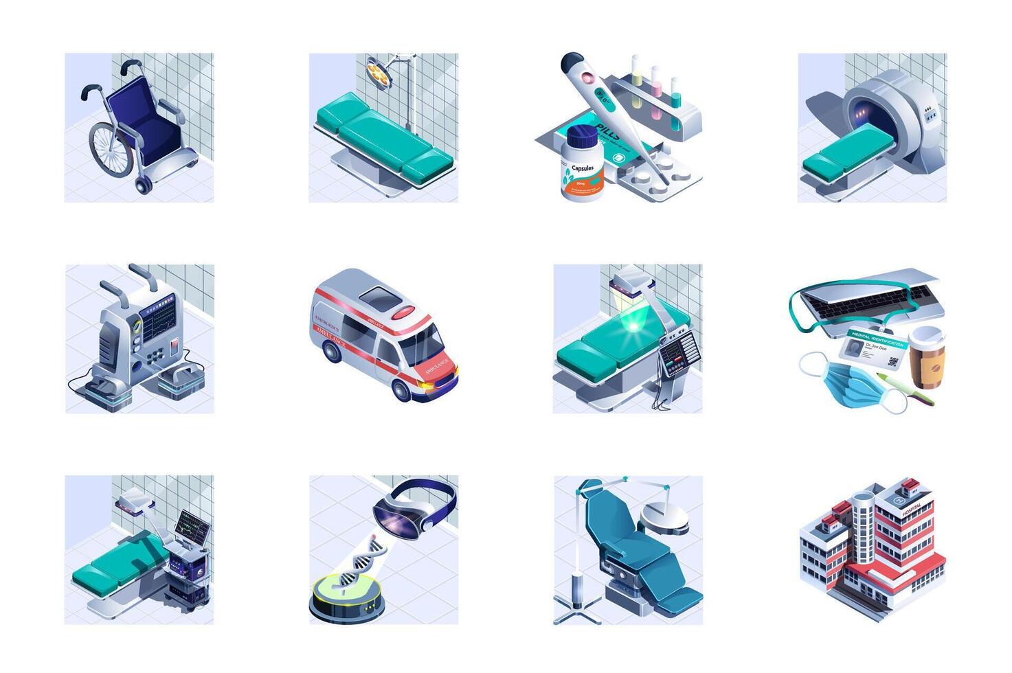Hospital web concept of 3d isometric icons set in isometry design. Wheelchair, patient ward, pills, thermometer, medicines, mri scan, ambulance car, surgery, clinic rooms, other. illustration. vector