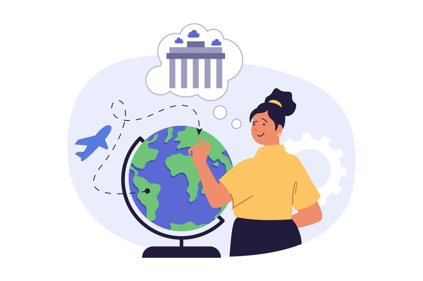 Travel concept in modern flat design for web. Woman going to vacation journey by airline transportation, planning her trip with locations route at globe in Europa landmark tour. illustration. vector