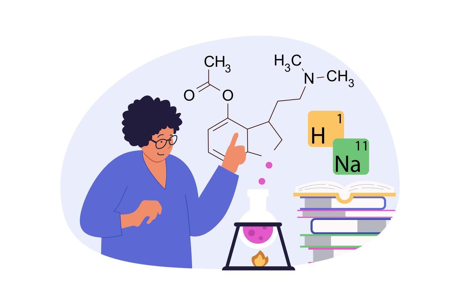 Science laboratory concept in modern flat design for web. Woman doing chemical research at test tubes and beaker, studying molecular structures and formulas at lab equipment. illustration. vector