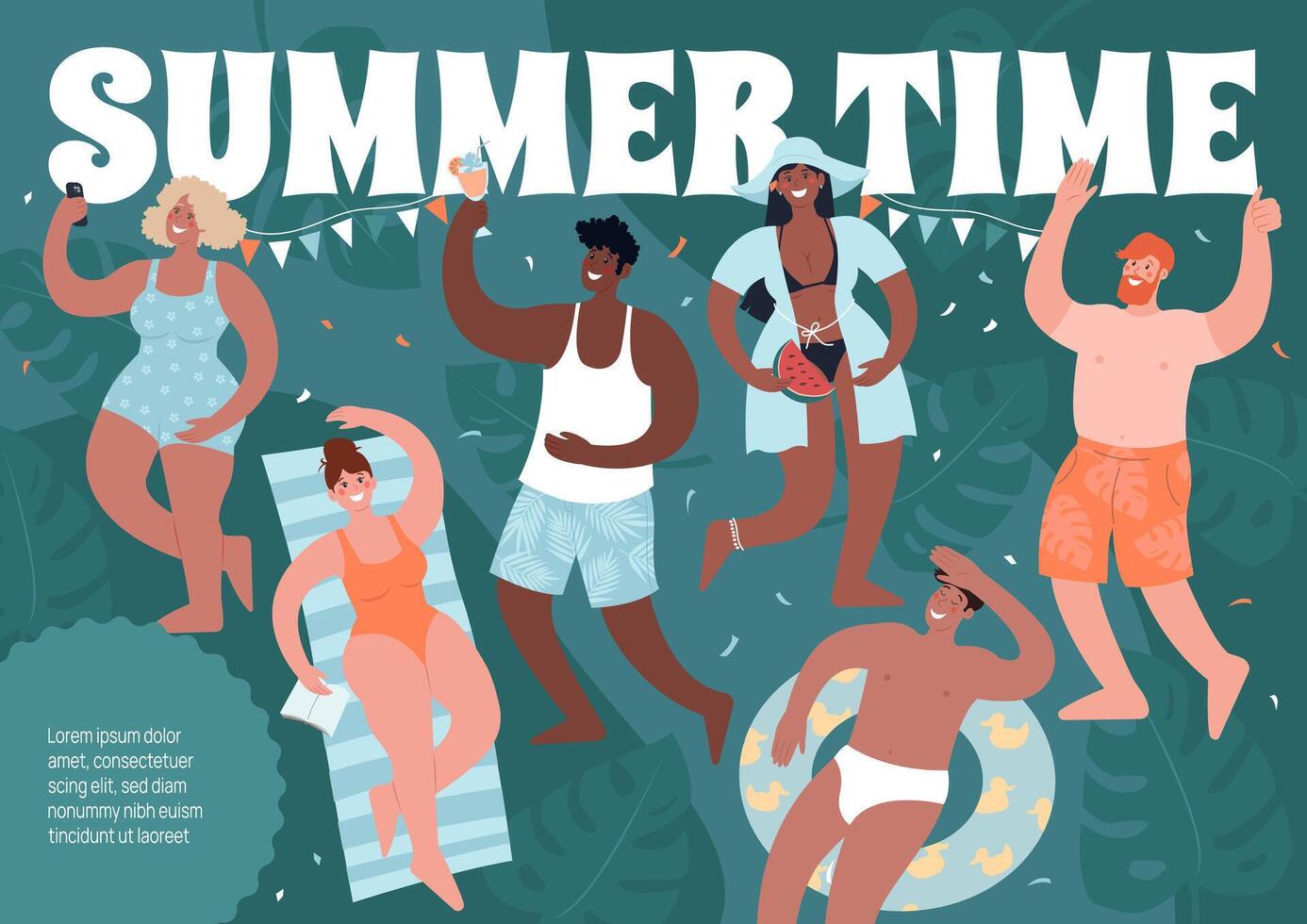 Summertime horizontal poster. Beach or pool party. Diverse people in swimsuits have fun. vector