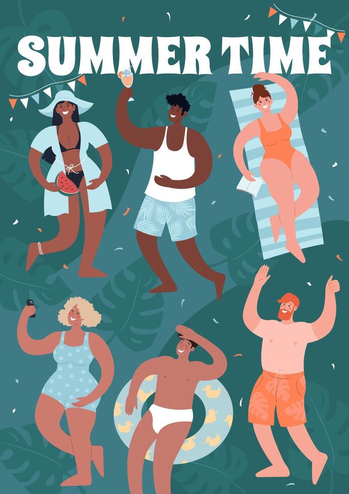 Summertime vertical poster. Diverse people in swimsuits have fun. Cute flat modern illustration. vector