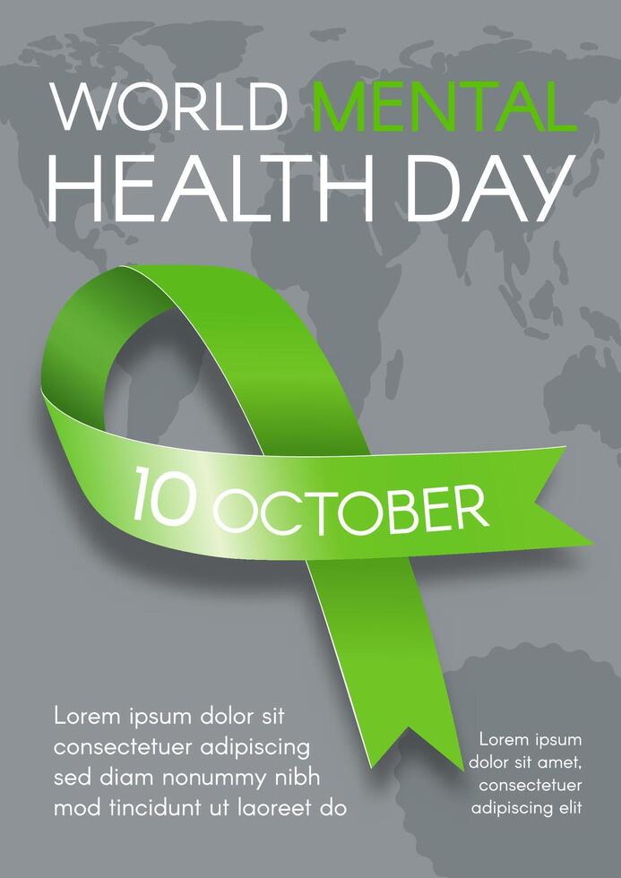 Mental Health Day. Vertical poster with green ribbon and text. flat illustration. vector
