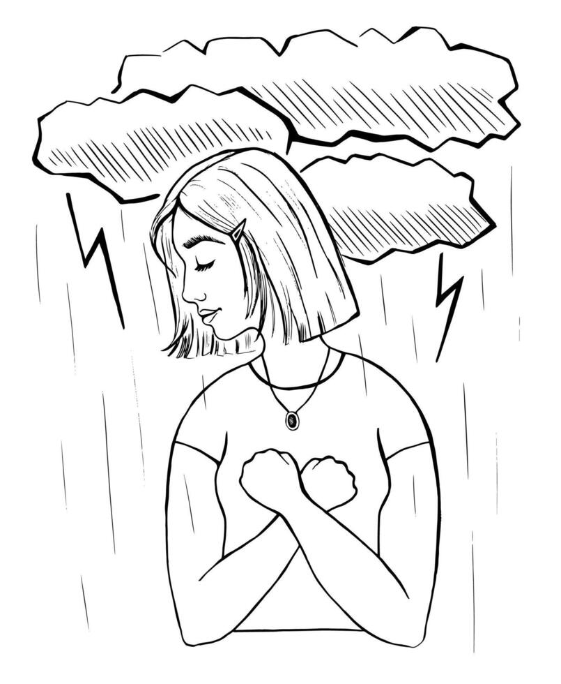 A young girl crossed her hands into fists on her chest. Clouds hang over it, it rains and lightning flashes. Concept of stress, fear, loneliness. Hand-drawn illustration vector