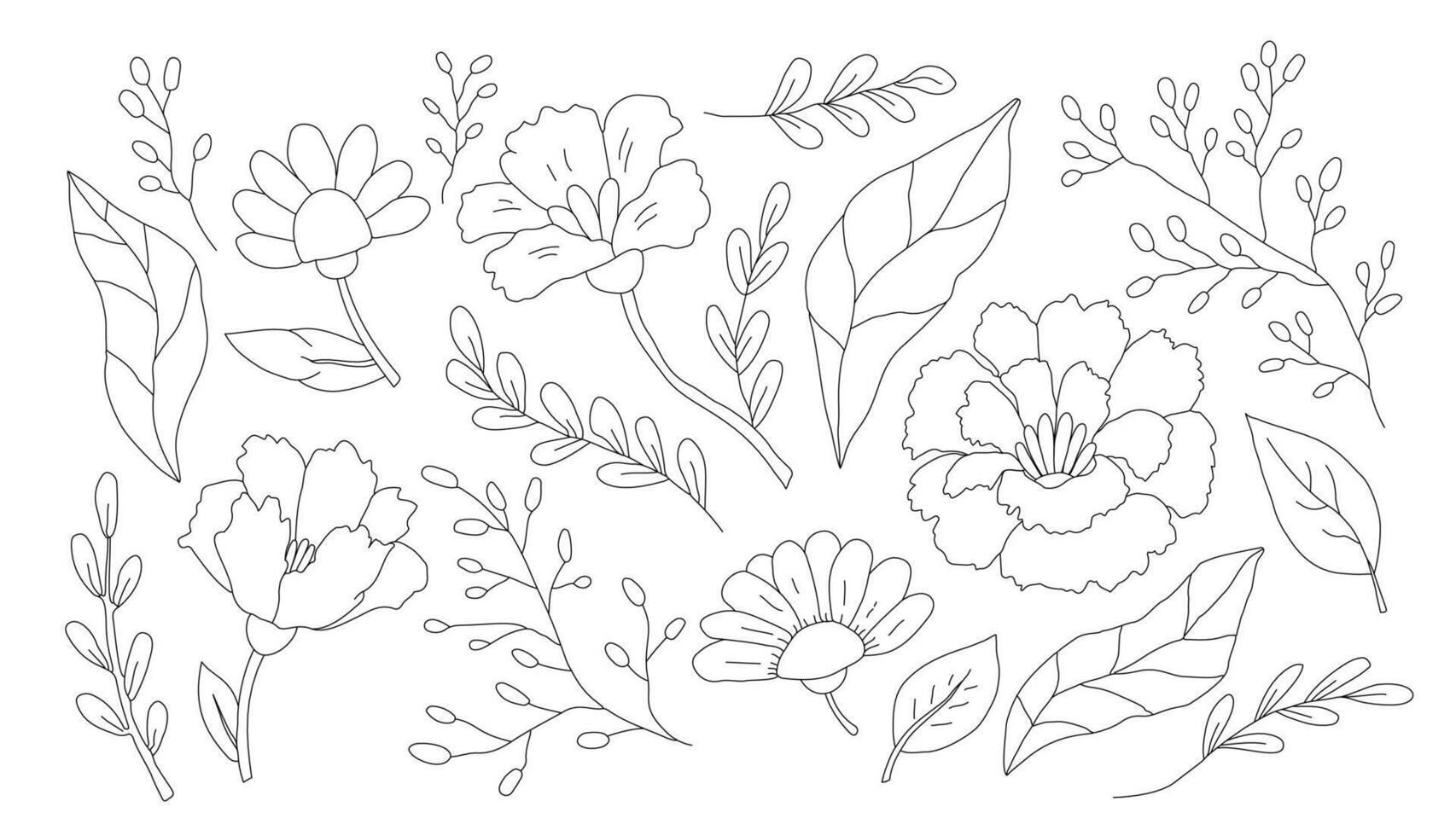 Set of cute abstract hand-drawn flowers and leaves. Black and white illustration. vector