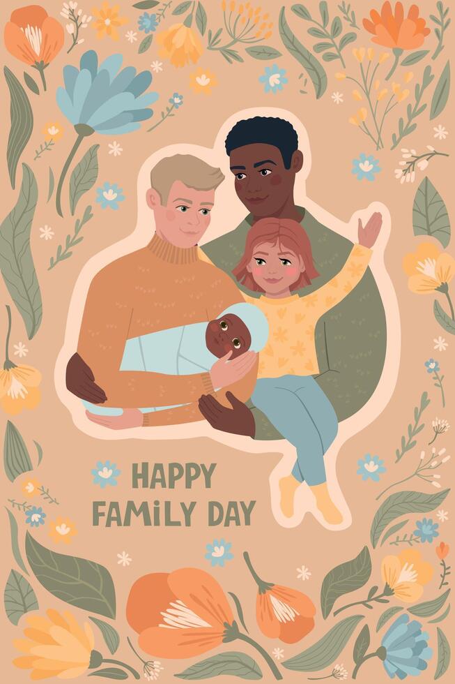 Happy family day card. Gay family with children. Support for LGBTQ communities. Flat illustration. vector